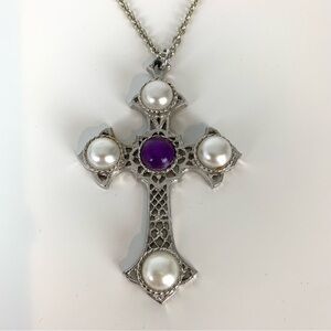 Sarah Coventry Necklace Cross Pendant Faux Pearl Cabochon Silver Toned Sarah Cov